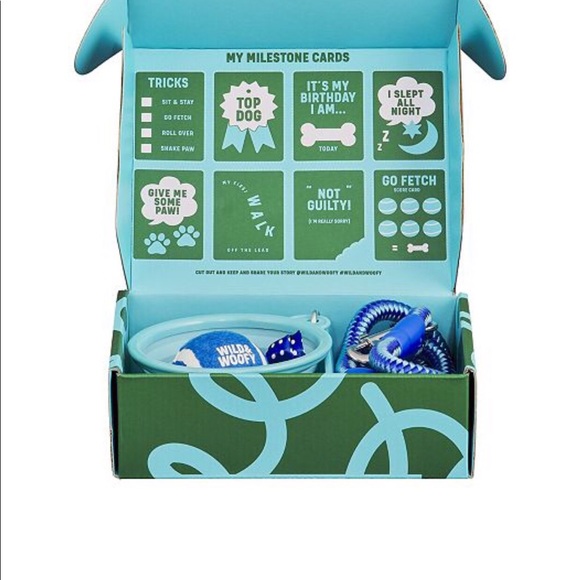 New Wild And Woofy Dog Puppy Starter Kit Boxed Gift Set Leash Bowl Ball Bow Tie - Picture 3 of 3